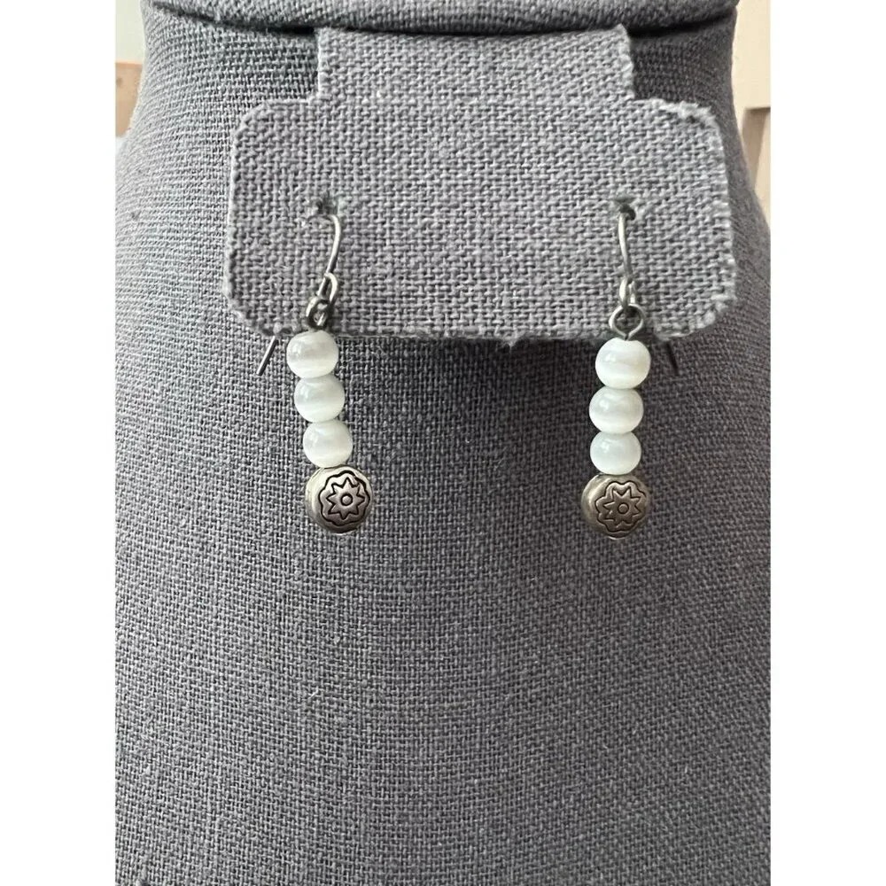 Artisan Handmade Three Drop Cat's Eye Gemstone Silver Bead Hook Earrings